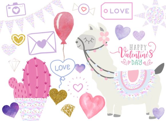 Llama Valentine Clip Art Bundle Set & Illustrations