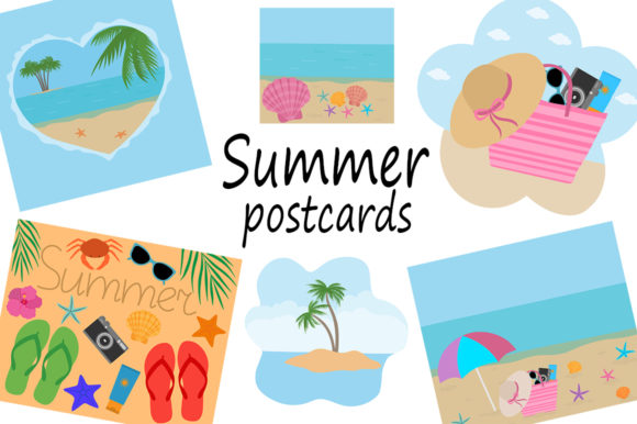 Set Postcards Summer Sea Beach Vector Review