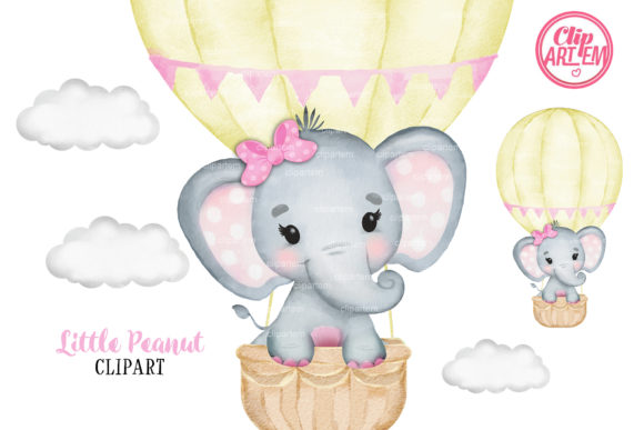 Yellow Pink Elephant Girl Balloon Illustrations